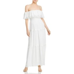 AQUA LACE-TRIM OFF-THE-SHOULDER EVENING DRESS